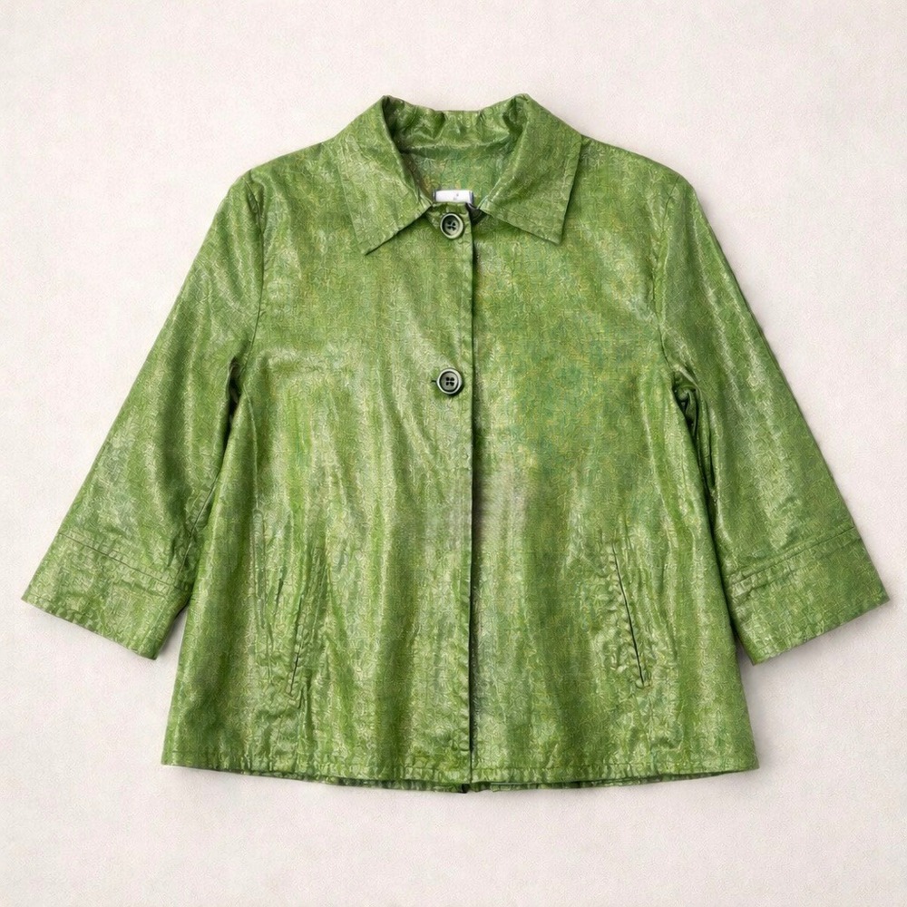 Chicos Foil Pleats Pauline 3/4 Linen Jacket NEW Size 2/Lg/12 Metallic Spring